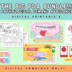 Op de afbeelding: Een verzameling digitale, printbare bronnen met de tekst "THE BIG PDA BUNDLE!!! PATHOLOGICAL DEMAND AVOIDANCE". De bundel bevat diverse kleurrijke kaarten en werkbladen met illustraties en tekst, zoals "MYPDA FRIEND" en "MY PDA BRAIN".