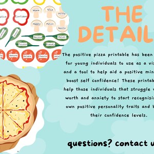 The details:
The positive pizza printable has been designed for young individuals to use a visual aid and a tool to help aid a positive mindset and boost self confidence.