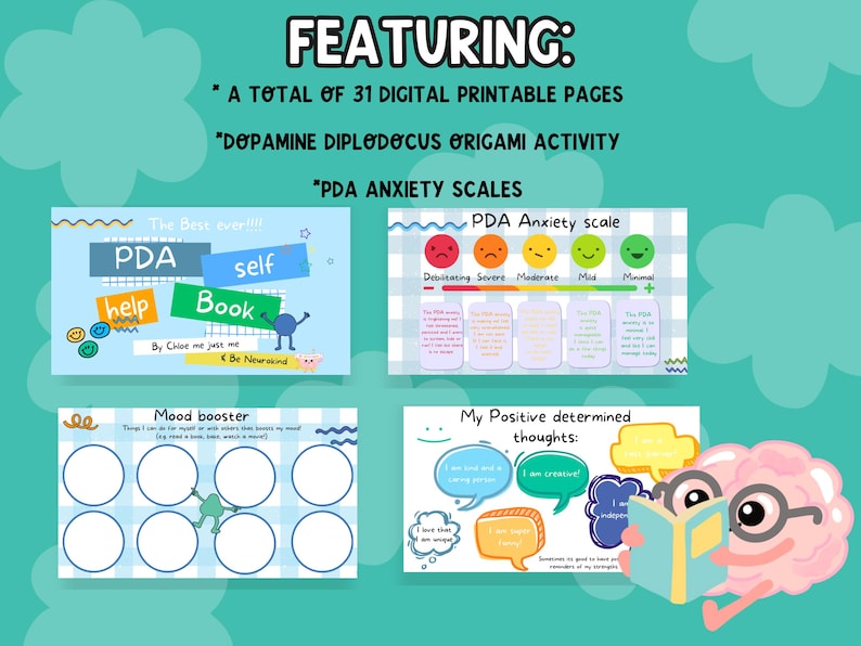 A total of 31 pages including Dopamine diplodocus origami, PDA anxiety scales, Daily positives and loophole theory.