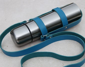 Handmade Leather Water Bottle Holder | Blue Wine Carrier with Crossbody Strap