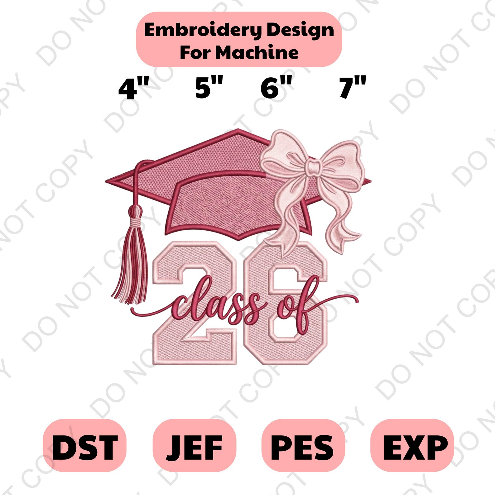 Class of 2026 Graduation Embroidery Design, Senior Pink Bow Grad Cap ...