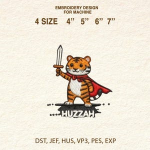 Broderidesign med tigerhjälte och svärd - Maskinbroderifil 4 storlekar - Huzzah Tiger Patch