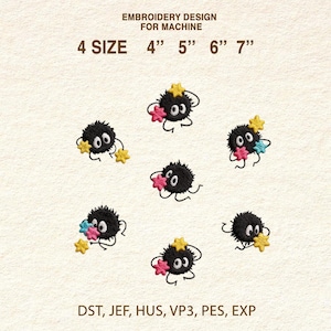 Pode incluir: Design de bordado para máquina com seis criaturas pretas e difusas com olhos grandes, segurando objetos em forma de estrela coloridos. O design está disponível em quatro tamanhos: 10 cm, 13 cm, 15 cm e 18 cm. A imagem também lista formatos de arquivo compatíveis.