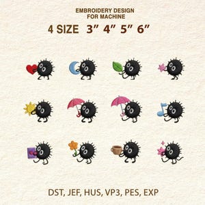 May include: Embroidery design for machine featuring a collection of whimsical black characters, each holding a different object such as a heart, moon, leaf, star, sun, umbrella, musical note, gift, flower, coffee cup, and star. The design is available in 4 sizes: 3", 4", 5", and 6".