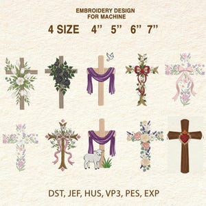 Könnte beinhalten: Ein Stickdesign für die Maschine mit neun dekorativen Kreuzen. Die Kreuze sind mit Blumenarrangements, Bändern und drapierten Stoffen verziert. Das Design umfasst Größen von 10 cm bis 18 cm und ist mit den Formaten DST, JEF, HUS, VP3, PES und EXP kompatibel.