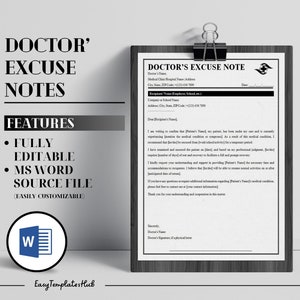 Notas de excusa del médico profesional, Notas de excusa del médico rellenables, Notas de excusa del médico editables, Plantilla de nota del médico, Carta de excusa del médico