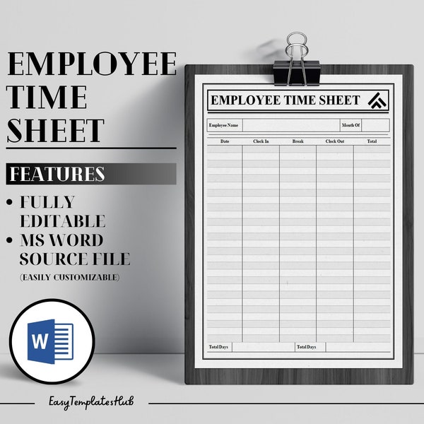 Employee Time Sheet, Employee Timekeeping Sheet, Printable Timesheet, Employee Work Log Sheet, Work Schedule Tracker, Editable Timesheet