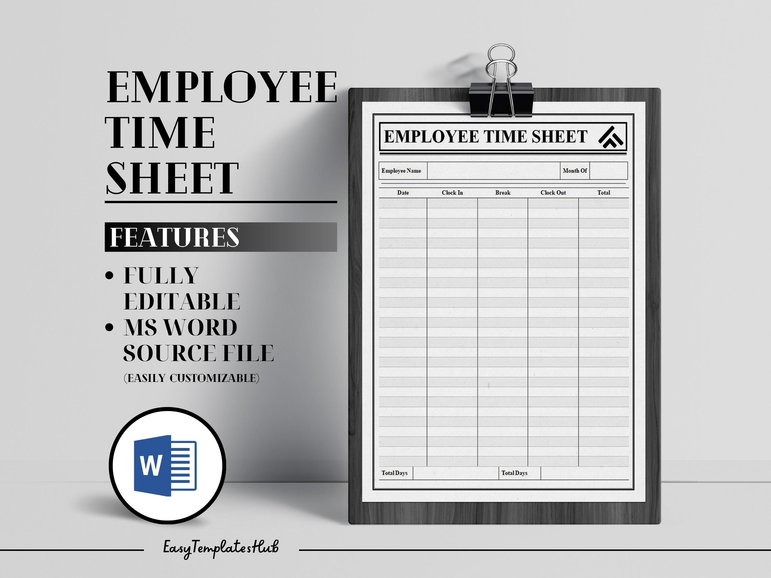 Employee Time Sheet, Employee Timekeeping Sheet, Printable Timesheet