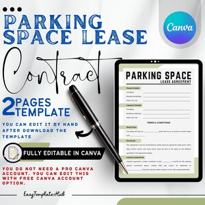 Parking Space Lease Agreement Template, Parking Space Lease Agreement Template, Parking Spot Rental Agreement Contract Editable Template
