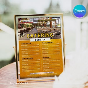 Menú de restaurante editable, menú de catering, lista de precios de catering, plantilla de volante de servicio de catering, menú de comida de catering, servicios de catering, menú