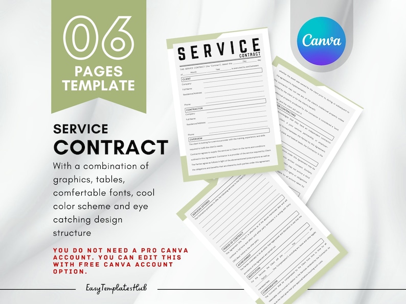 Editable Service Contract Template, Printable Service Contract Form