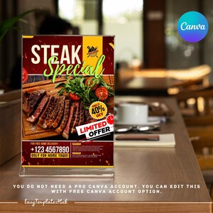 Ulotka menu stekowego, specjalne menu stekowe, edytowalna ulotka z jedzeniem, menu restauracji, menu z jedzeniem z grilla, ulotka stekownia, szablon Canva