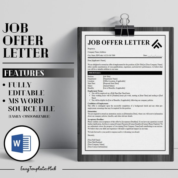 Professional Job Offer Letter, Employment Job Offer Letter, Editable Job Offer Letter, Job Offer Template, Job Offer Letter MS Word Template