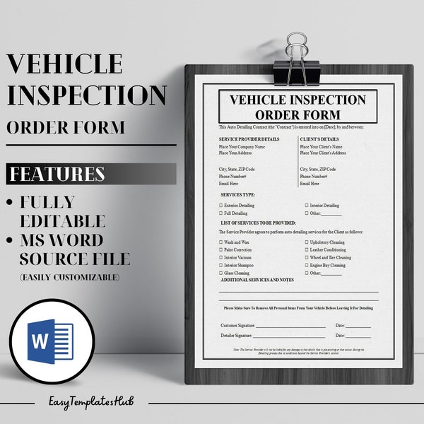 Auto Detailing Contract, Car Detailing Contract, Vehicle Detailing Contract, Vehicle Inspection Order Form, Vehicle Detailing Service