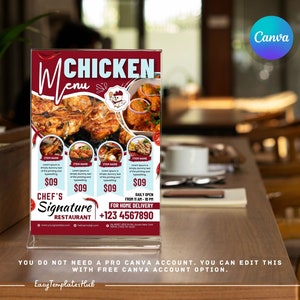 Folleto de cena de pollo, menú de comida de pollo frito, menú de restaurante editable, folleto de comida, folleto de plantilla de Canva, menú de comida de pollo