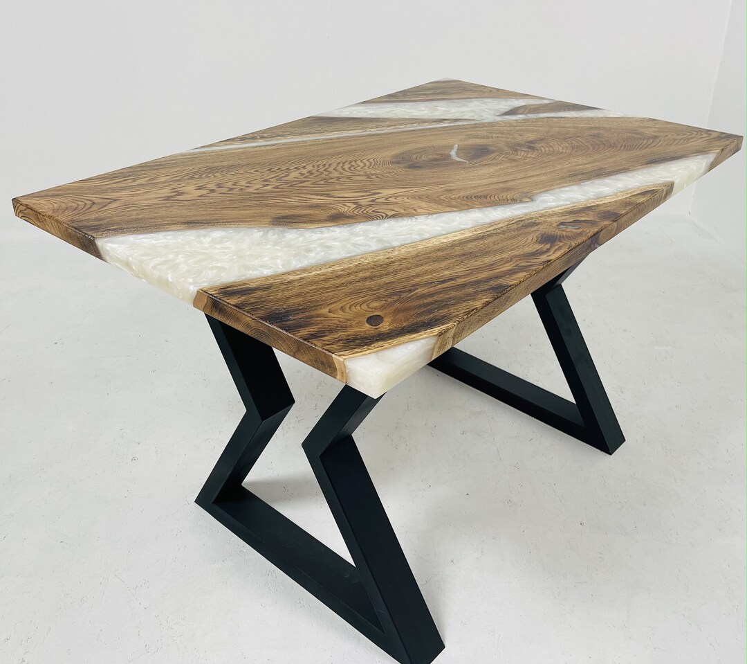 Handmade White Epoxy Resin Oak Table Solid Wood Desk Etsy Australia