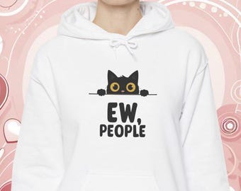 Ew People Cat Hoodie - Rolig svart katttröja, introvert gåva