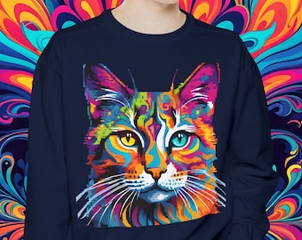 Psychedelic Pixel Art Cat Sweatshirt: Colorful Trippy Design
