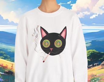 Psychedelic Cat Sweatshirt: Funny Mental Health Crewneck
