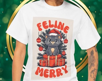 Julkatt-T-shirt: Feline Merry Tough Cotton Tee, kattälskare-present