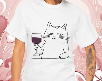Lustiges Wein Katzen T-Shirt: Schwere Baumwolle Katzenliebhaber Geschenk
