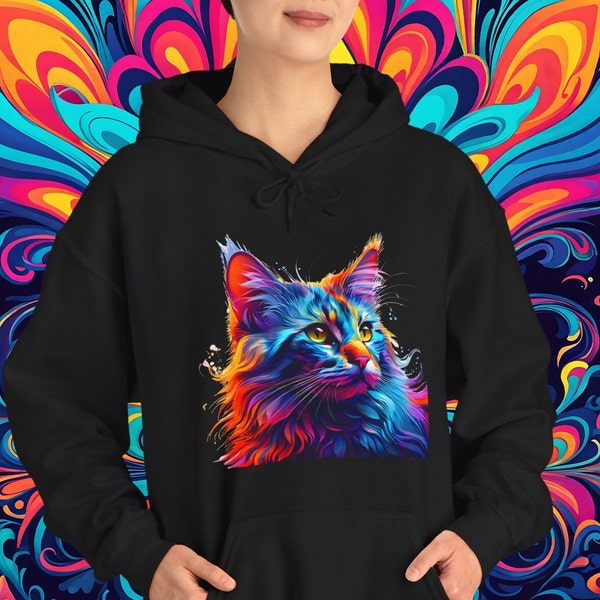 Psychedelic Weirdcore Cat Sweatshirt, Trippy Shirt, Neon Art Alt Clothing, Colorful Hooded Sweatshirt, Catful Petful, Shirts That Go Hard
