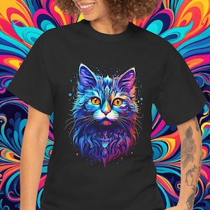 Psychedelic Cat T-Shirt: Trippy Art Heavy Cotton Tee