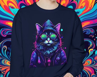 Psychedelisches Katzen Sweatshirt: Trippy Rave Style, Geschenk Katzenliebhaber