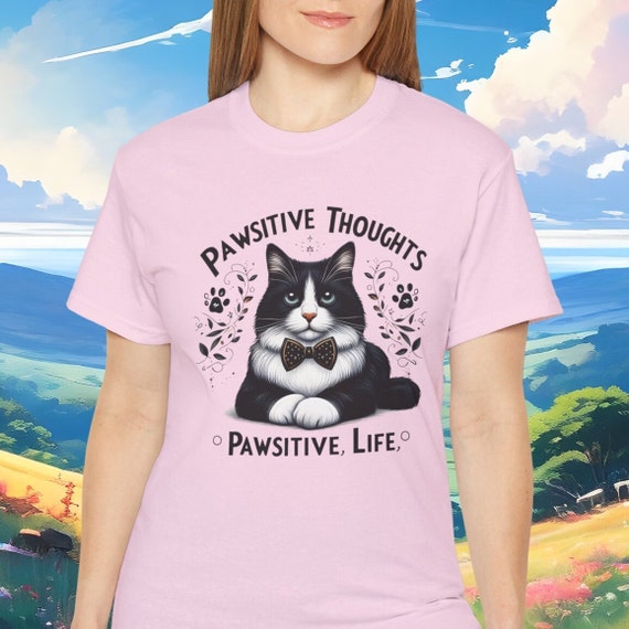 Tuxedo Cat T-shirt: Pawsitive Thoughts Mental Health Gift