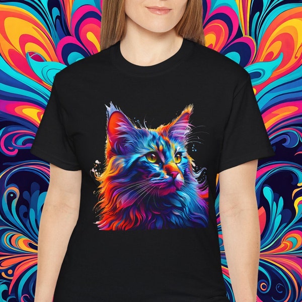 Psychedelic Weirdcore Cat T-Shirt, Trippy Shirt, Neon Art Alt Clothing, Colorful Ultra Cotton Tee, Catful Petful Shirts, Shirts That Go Hard