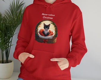 Christmas Cat Hoodie: 'Meow-velous' Black and White Cat Sweatshirt