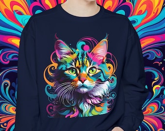 Psychedelisches Katzen Sweatshirt: Buntes Trippy Design, Geschenk Katzenliebhaber