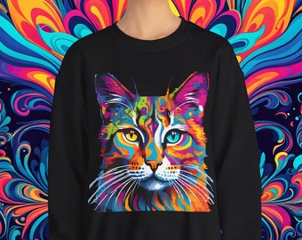 Psychedelic Cat Sweatshirt: Trippy Pixel Art Crewneck