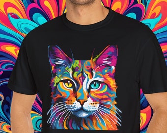 Psychedelic Cat T-Shirt: Trippy Pixel Art, Colorful Garment-Dyed Tee
