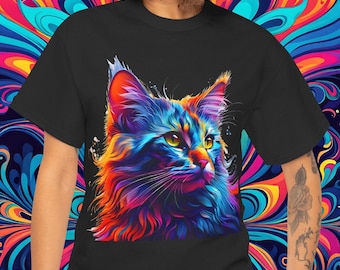 Camiseta de gato psicodélico: camiseta de algodón grueso con arte neón alucinante