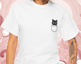 Pocket Cat T-Shirt: Funny Black Cat Heavy Cotton Tee