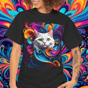 Psychedelic Cat T-Shirt: Trippy Colorful Heavy Cotton Tee