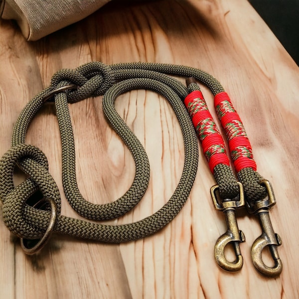 Dog leash rope length 1.70 m / 2 carabiners / 2-way adjustable / colour: "Military Green"