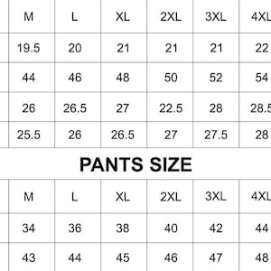 May include: Size chart for shirts and pants. The chart shows measurements in inches for shoulder, chest, length, and sleeve for sizes S through 6XL. The chart also shows measurements in inches for waist and length for pants sizes S through 6XL.