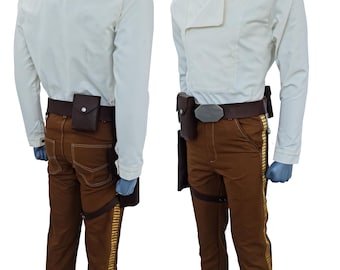 May include: A white collared shirt with a brown belt and brown pants with gold accents. The pants have a brown strap on the left leg.