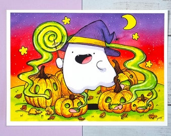 Cute ghost art print, spooky Halloween illustration, giclée wall art, watercolour and ink kawaii ghost witch casting spells on pumpkins