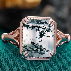 9x11mm Art Deco Ring, Emerald Cut Moss Agate Engagement Ring, Anniversary Gift For Women, Green Agate Womens Daily Ring, Handmade Ring Gift