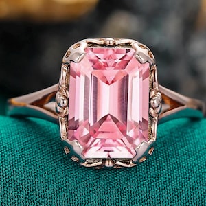 Pink Sapphire Womens Ring, Emerald Cut Pink Sapphire Vintage Engagement Anniversary Gift For Her, Handmade Gemstone Ring Rose Gold Pink Ring