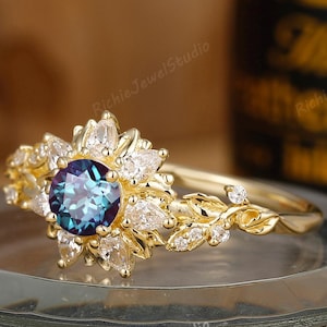 Anel de noivado de alexandrita redonda de 5 mm, pedra preciosa vintage que muda de cor, ouro, pedra de nascimento de junho, joia para mulheres, pedra preciosa azul