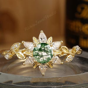 Round Cut Natural Moss Agate Leaf Ring, Art Deco Matching Bands Leaf Design Promise Unique Anniversary Gift Ring Gift, Promise Ring for Her