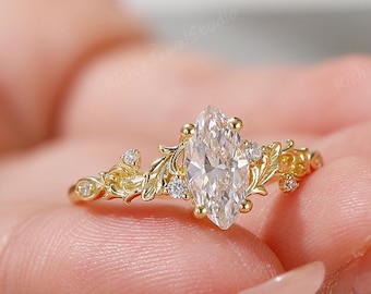 1CT Vintage Moissanite cluster engagement ring 5x10mm marquise cut Diamond unique bridal promise wedding 14K Solid Gold Anniversary Ring