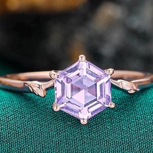 Vintage Hexagon Cut Natural Lavender Solitaire Amethyst Engagement Ring Natural Inspired Ring,  Promise Bridal Ring Anniversary Gift for Her