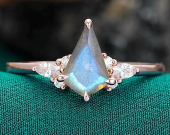 Kite Cut Natural Blue Labradorite Ring Unique Rose Gold Engagement Ring Labradorite Vintage Gemstone Ring Art Deco Promise Ring Women