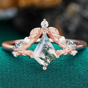 Kite Cut Green Moss Agate Engagement Ring,Art Deco Moss Agate Ring,Women Agate Wedding Ring, Bridal Gift Ring,Leaf Ring,Handmade Ring Gift