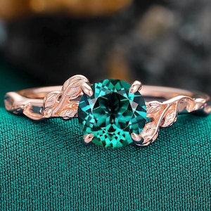 Solitaire Emerald Ring 1.25ct Round Emerald Engagement Ring May Birthstone Ring Handmade Emerald Ring, Womens Promise Leaf Ring Wedding Band